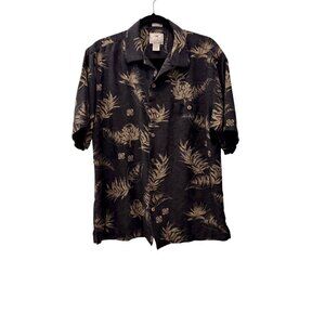 Luau Men's Size M Hawaiian Shirt Botanical Leaves Black 100% Finest Silk